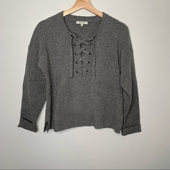 Madewell Sweaters - Madewell Gray Merino Wool Lace Up Pullover Sweater Women's Size Medium